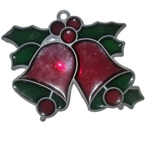 Vintage Stained Glass Double Red Bells Holly Leaf Suncatcher Christmas Ornament